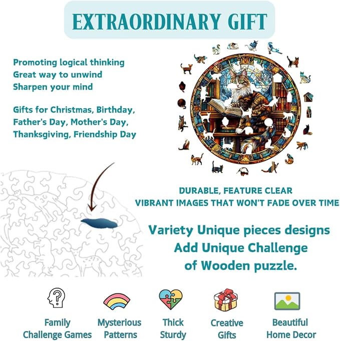 Wooden Puzzles Adults, Maine Cat Library Wooden Puzzles 300 Pieces, Unique Animal Shaped Wood Challenging Jigsaw Puzzles Gifts for Adults, 13.4x13.4in