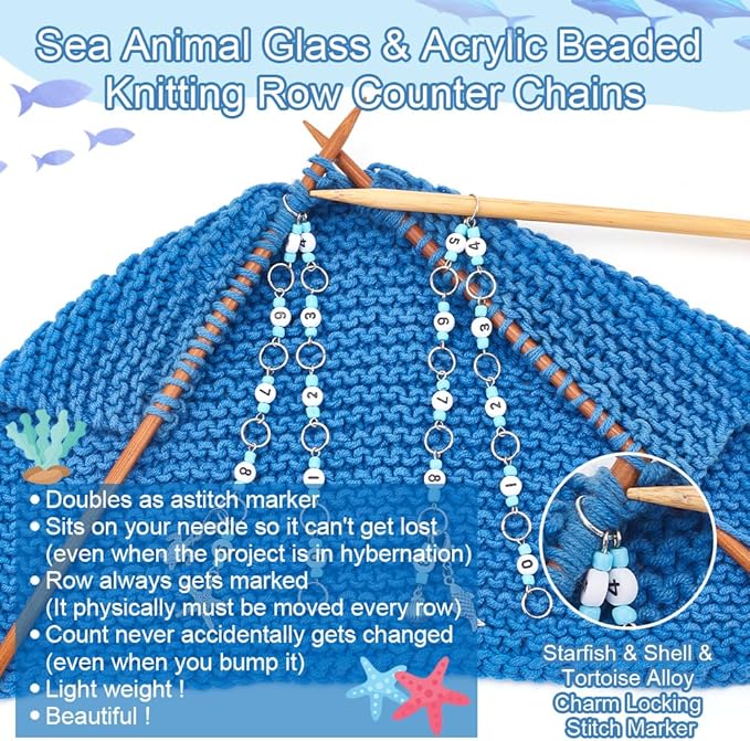 NBEADS 2 Styles Sea Animal Knitting Row Counter Chains, Acrylic Number Stitch Markers Glass Beaded Crochet Stitch Marker Crocheting Accessories for Weaving Sewing Quilting