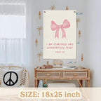 Bible Verses Wall Decor,Pink Coquette Bow Linen Canvas Banner,Christian Wall Art I Am Fearfully And Wonderfully Made Wall Hanging Flag for Kids Girl Bedroom Living Room Dorm 18x25 Inch