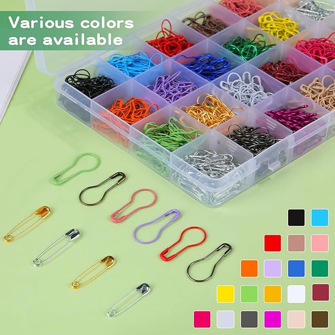 1200 Pcs 22 Colors Metal Safety Pins,Bulb Gourd Pins Pear Shaped Pins for Knitting Stitch Markers, Sewing Clothing DIY Craft Making with Storage Box
