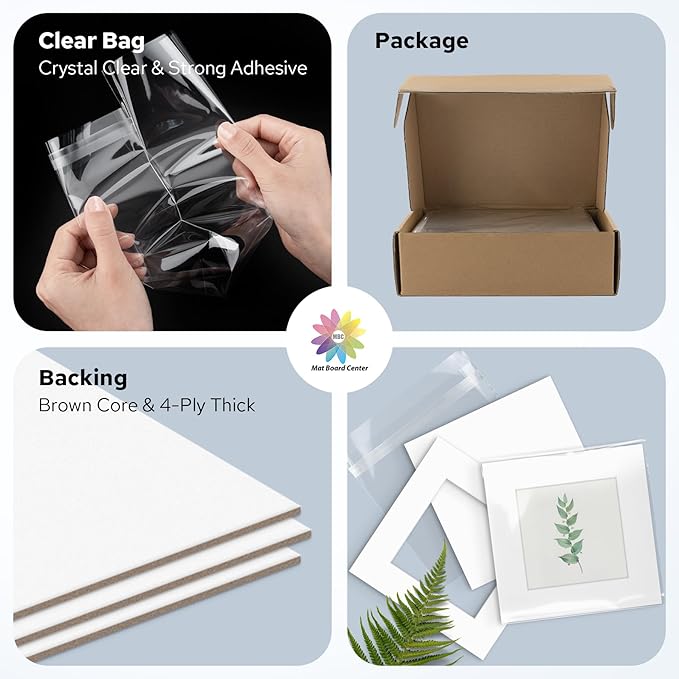Mat Board Center, Pack of 25, 12x12 for 8x8 White Mat Kit - Acid Free, 4-ply Thickness, White Core - Includes Backing Boards and Clear Bags - for Pictures, Photos, Framing