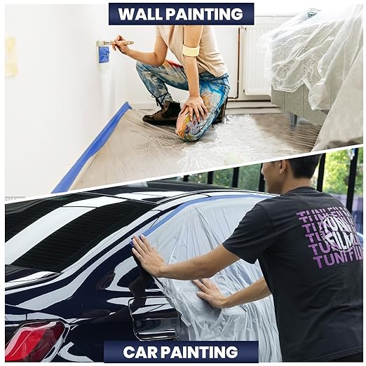 ADHES Painters Plastic with Tape, Painters Tape with Plastic Attached, Pre Taped Masking Film Tape and Drape for Automotive Painting Covering, 90 feet, 3 Sizes