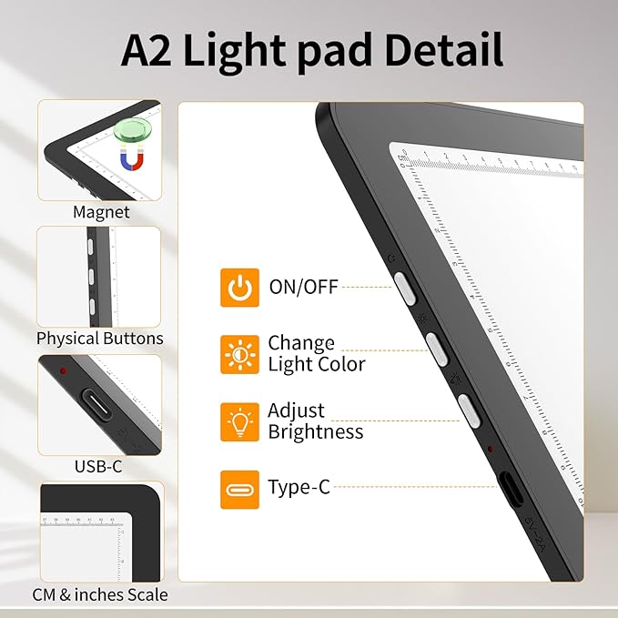 TOHETO Rechargeable Magnetic A2 Light Board 25.2''x18.4'', Large Diamond Painting Light Pad with Side Buttons, 3 Light Colors Light Box for Tracing and Drawing, Dimming LED Light Table for Sketching