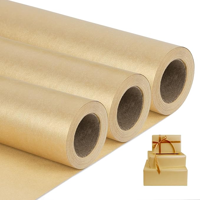NESCCI Gold Matte Wrapping Paper,Solid Color Pearly-Lustre Paper-3 Roll,17 Inches X 32.8 Feet Per roll.Gift Wrapping Paper,Perfect for Wedding,Valentine's Day,Birthday, Christmas,Baby Shower