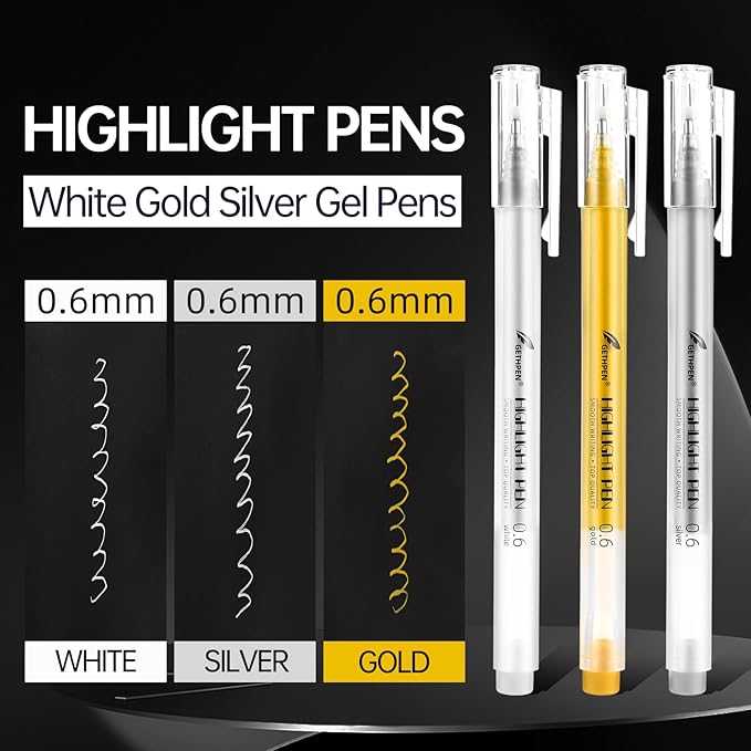 0.6mm Fine Point Silver Gel Pens, 3-Pack for Artists Drawing on Black Paper, Sketching, Adult Coloring Books & Modern Crafts