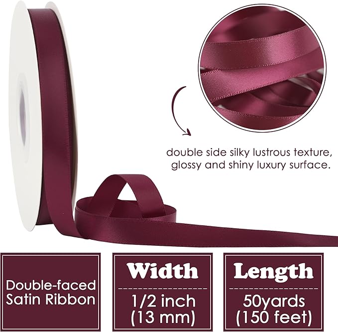 HUIHUANG Wine Red Satin Ribbon 1/2 inch X 50 Yards Continuous, Maroon Double-Faced Satin Ribbon for Gift Wrapping, Bows, DIY Crafts, Flower Bouquet, Wedding, Christmas Decor, Birthday