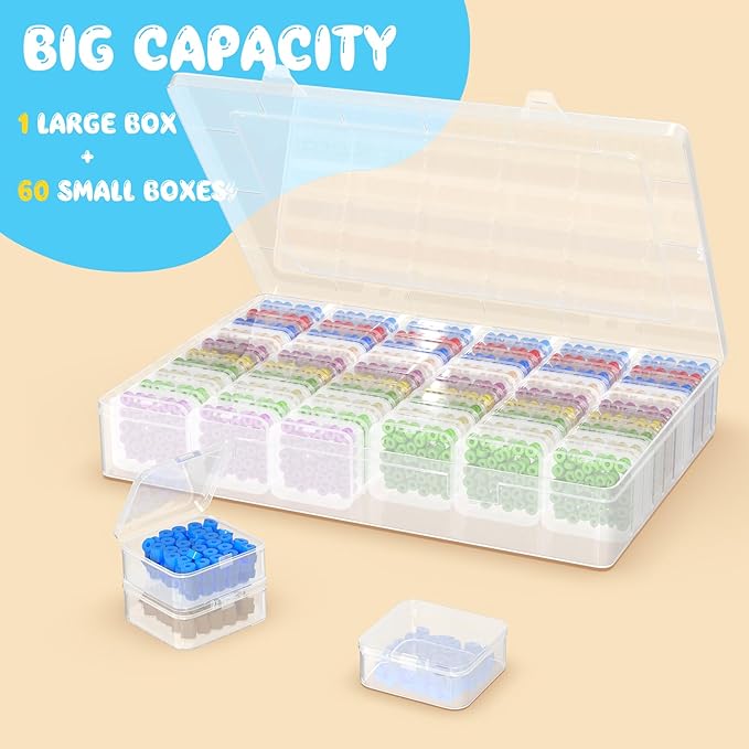 Mathtoxyz Extra Large Bead Organizer, 61 PCS Small Plastic Craft Storage Box with Hinged Lid and Labels Clear Bead Organizers and Storage Boxes for Jewelry, Diamonds, Bracelet Making DIY