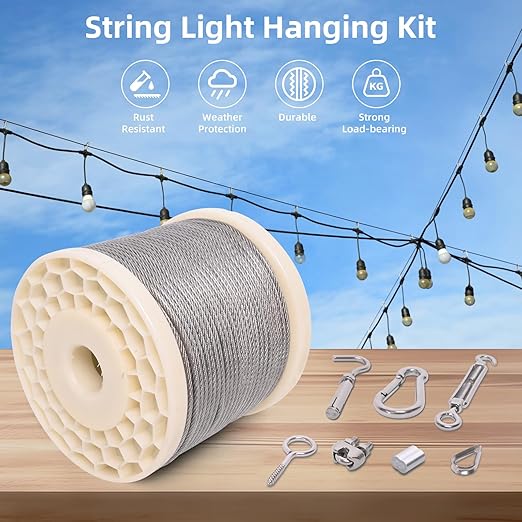 250FT 1/8" Wire Rope Kit, Vinyl Coated 304 Stainless Steel Wire Cable, 7x7 Strands 920LBS Breaking Strength, M5 Turnbuckle for Cable Wire, String Light Hanging Kit for Outdoor, Garden, Clothesline