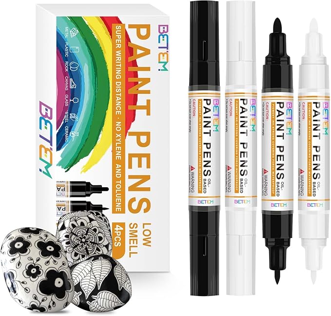 Betem 4 Count Dual Tip Oil Based White Black Paint Markers Pens(0.7mm & 3mm), Permanent Paint Marker, Waterproof, Quick Dry, for Rock Painting, Wood, Plastic, Metal, Canvas(2White 2Black)