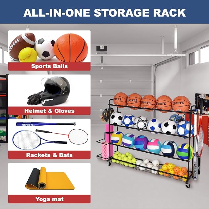 Basketball Rack, Shooting Training Rolling Ball Stand, Garage Organizer with Wheels, 4-Layer Sports Equipment Storage Holder with Baskets and Hooks for Soccer Baseball Footballs Volleyball