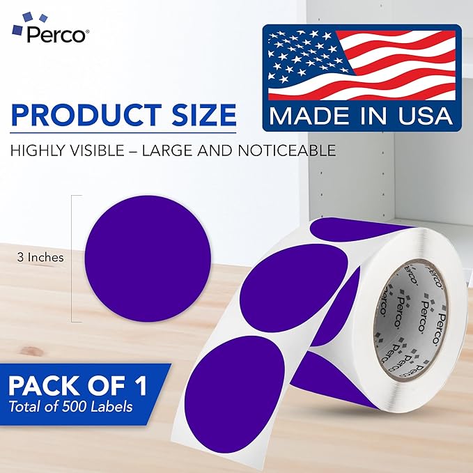 Perco Purple 3-Inch Round Circle Dot Sticker Labels with Easy Peel Perforation - 500 Labels per Roll - Strong Adhesion, Vibrant Colors for Organizing, Crafting & More - Made in USA