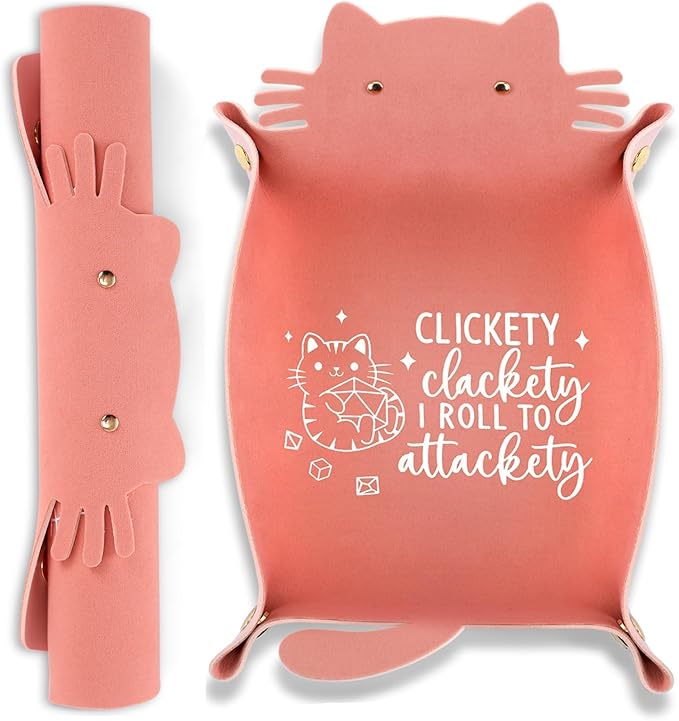 Cat Dice Tray Pinkk for Rolling Funny Folding Leather Dice Tray Portable Travelling Dice Storage Accessories Decorative Desk Organizer for RPG, DND Game Players