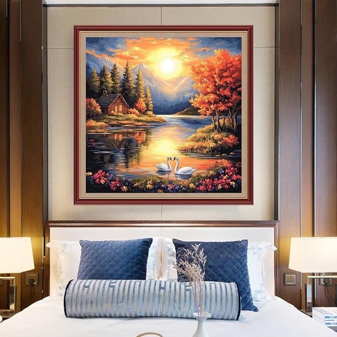 DMCXART Counted Cross Stitch Kits for Adults Needlepoint Kits Unprinted Cross Stitching Embroidery Kit 11CT Cross Stitch Supplies-Sunrise Scenery by The Lake 18x18 inch