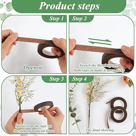 Phinus 9 Rolls Floral Tape, 1/2 Inch x 30 Yard Flower Tape, Green Floral Tape for Floral Crafts Supply, Bouquet Stem Wrapping, Wedding Bouquet (Brown)