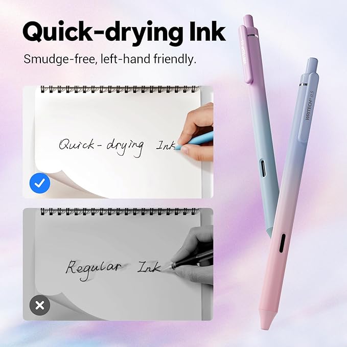 Writech Retractable Gel Ink Pens: 8ct Black Ink 0.5mm Fine Point Tip Pen Comfort Grip Smooth Writing with Aesthetic Gradient Color Barrel for Journaling Note Taking Sketching No Bleed & Smear