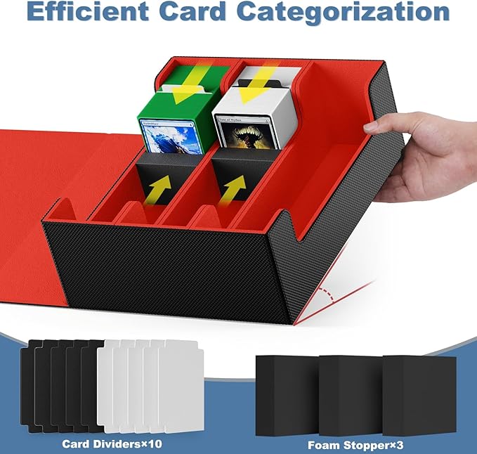 Mlikero Card Deck Case, 1800+ Trading Card Storage Box with 10 Dividers and 3 Foam Stoppers, Leather Magnetic Closure Commander Deck Box Fit for YuGiOh, MTG and Sport Cards(Black&Red)