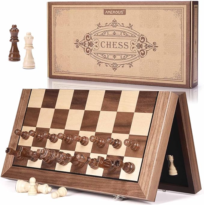 AMEROUS 15 Inches Magnetic Wooden Chess Set with 2 Extra Queens/Folding Board/Chess Pieces Storage Slots/Instructions, Portable Travel Chess Game for Beginner/Classic Board Game