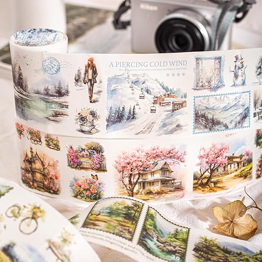 6 Rolls Seasonal Landscape Washi Tape Set, Nature-Inspired Stickers for Journaling, Scrapbooking, and DIY Crafts, with Decorative Clip