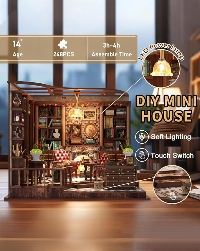 Book Nook Kit - DIY Miniature House Dollhouse 3D Puzzles for Adults and Teens - Gifts for Family and Friends Bookshelf Decor Tiny House Model Build with LED Light (AW02-001)