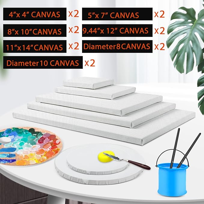 14 Packs Stretched Canvases for Painting, Multi Pack 11x14, 9.44x12, 8x10, 5x7, 4x4, Round Canvas with 8x8,10x10(2 of Each), Blank Primed Canvas, for Oil Paint, Acrylic Paint, for Beginners, Artists.