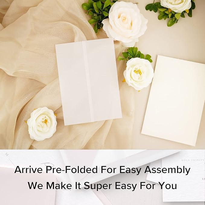 Puremigo 120 Pack Luxury Pre-Folded Vellum Jackets for 5x7 Invitations - Vellum Paper 5x7 Jackets - 115GSM Wedding Invitations Wraps - Transparent