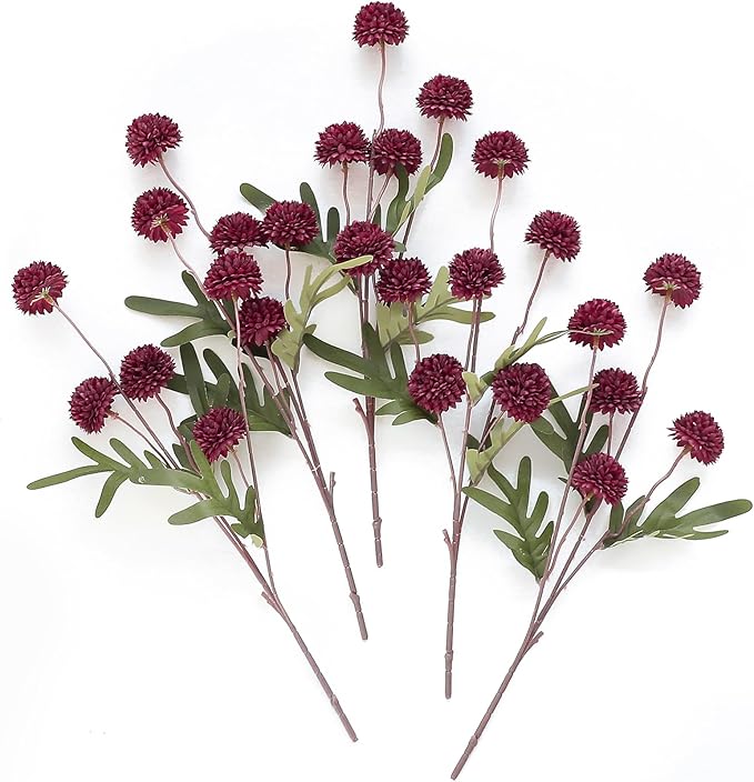 Floroom 5pcs Burgundy Faux Silk Mums Artificial Flowers, Bulk Fake Small Mini Chrysanthemums with Stems for DIY Wedding Centerpieces Floral Arrangements Vase Fillers Home Decorations