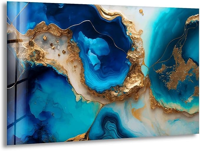 My Photostation.com 30Wx24H'' Blue Alcohol ink Glass Wall ArtTempered Glass Printing Wall Decor Large Wall Art Wall Hangings