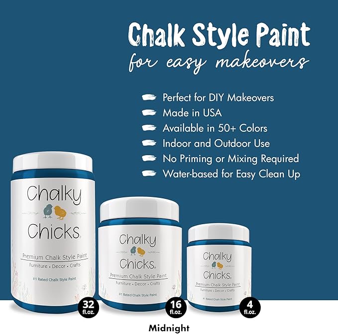 Chalky Chicks All-in-One Chalk Paint for Furniture or Cabinet - 32Fl Oz - Matte Finish Midnight (Peacock Blue) for Metal, Wood Furniture Paint - No Sanding All-in-One for Home Decor & Crafts, USA Made