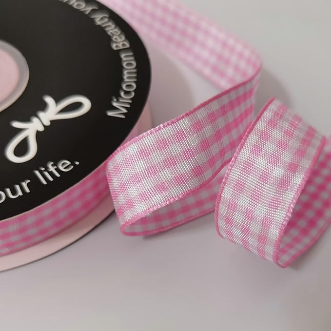 Pink Gingham Plaid Checked Ribbon 25 Yards Each Roll 100% Polyester (5/8",Pink)