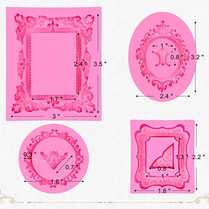 JOERSH 4PCS Baroque Frame Mold, Picture Photo Frames and Corners Silicone Fondant Mold for Cake Decorating, Cupcake Topper, Chocolate, Candy, Sugarcraft, Dessert Decor