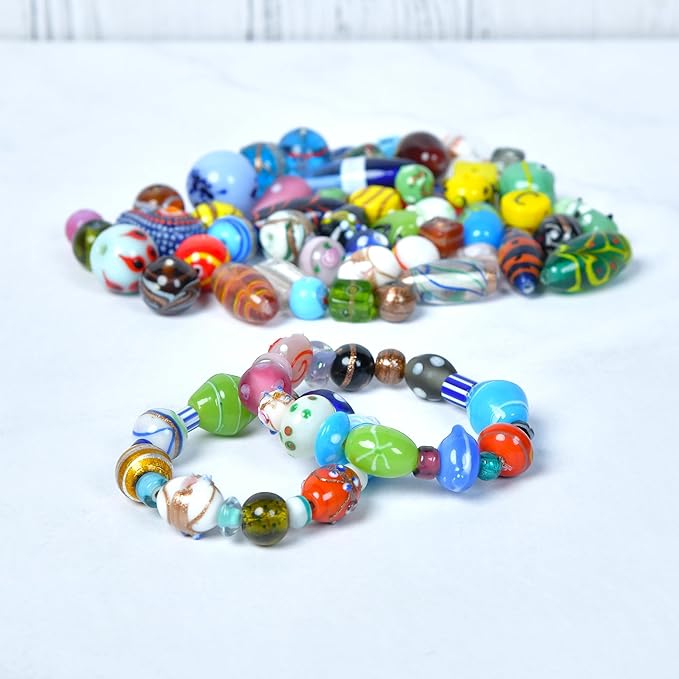 1/2 LB Bag of Assorted Glass Beads for Jewelry Making, Lampwork Murano Bead Mix for Bracelets and Necklaces, Crafting Beads Supplies Kit, Large & Small Beads