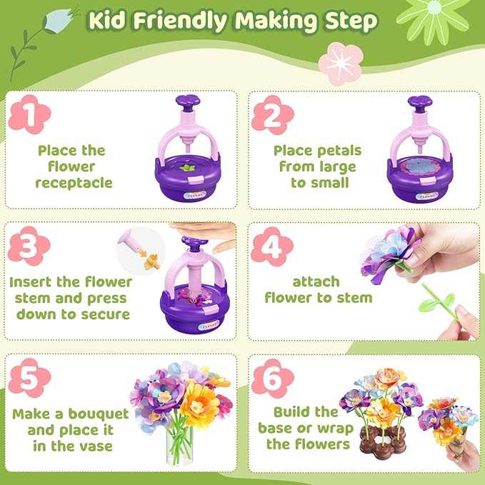 Arts and Crafts Kit for Kids Ages 4-8,Flower Bouquet Toys,DIY Flower Market Toys,Build Your Flower Bouquet,Educational Christmas Birthday Gifts for 3 4 5 6 7 8 9 Year Old Girls-Purple