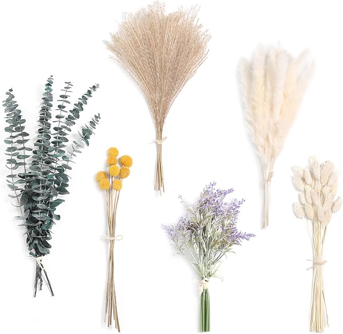 Serra Flora Natural Dried Pampas Eucalyptus Rabbit Tail Grass,(Pack of 66pcs) with 6 Kinds of DIY Bridal Artificial Bouquets Home Decor Wedding Floral Arrangement Table Centerpieces