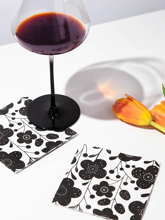 80 pack Designer Cocktail Beverage Napkins, 3-Ply 5x5-inches Disposable Decorative Fall Winter Guest Floral Black White Flower Napkin for Wedding Birthday Anniversary Party Baby Shower