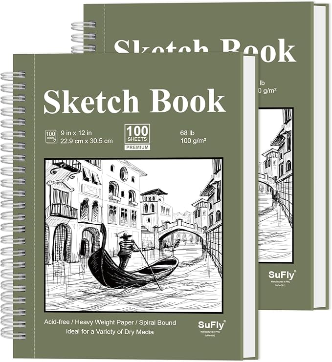Sketch Book 9x12 inch, Pack of 2 (Total 200 Sheets) Spiral Bound Sketchbook, 68 lb/100gsm Artist Sketch Pad, 100 Sheets Each, Sturdy Acid Free Drawing Paper, Suitable for Adults & Teens