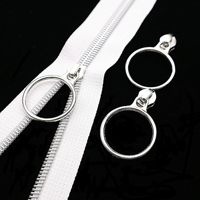 Leekayer #5 Silver Metallic Nylon Coil Zippers by The Yard Bulk 10 Yards White Zipper Tape with 25pcs Silver Ring Pull Sliders for DIY Sewing Tailor Craft Bag(White)