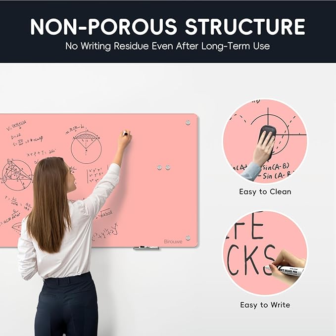 Magnetic Glass Whiteboard - Glass Dry Erase Board 48"x36" Large Frameless Glass Board for Walls Office School and Home, Pink