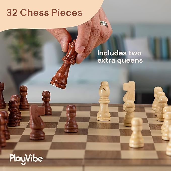 PlayVibe Wooden Chess Set 15'' & Checkers Board Games for All Players with 2 Extra Queens - Handmade Classic Wooden Chess Board, Portable & Folding Playtime Boards, Beginner & Professional Use