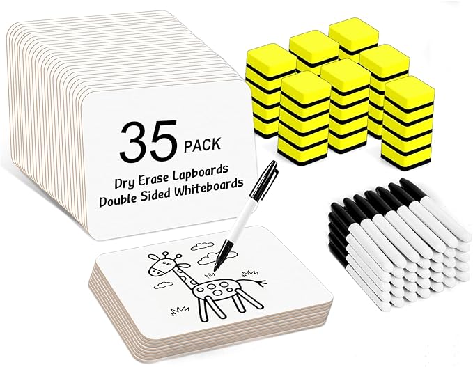 Dry Erase Lapboards, HERKKA 35 Pack Double Sided Dry Erase Lap Boards 9 x 12.5 Inch, 35 Markers, 35 Erasers, Small Dry Erase Boards for Students Classroom Teacher Supplies