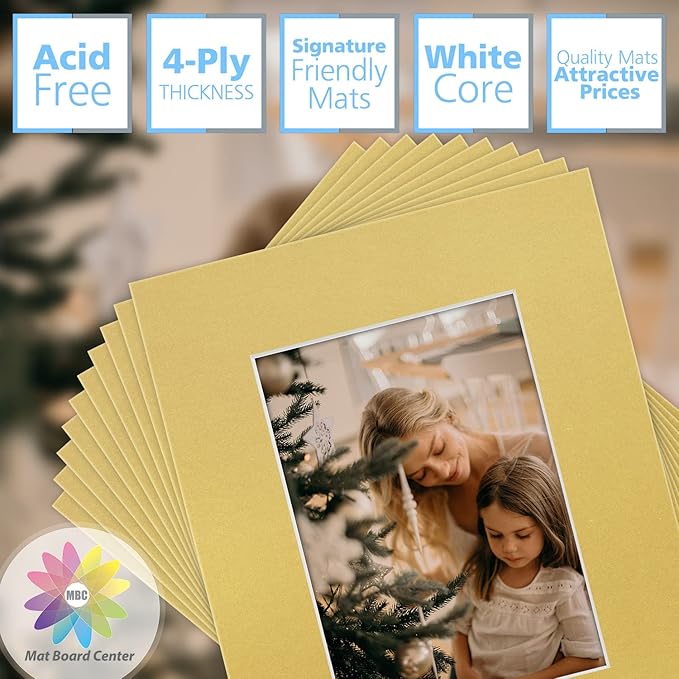 Mat Board Center, Pack of 10, 8x10 for 5x7 Old Gold Color Mats - Bevel Cut, Acid Free, 4-ply Thickness, White Core - for Pictures, Photos, Framing