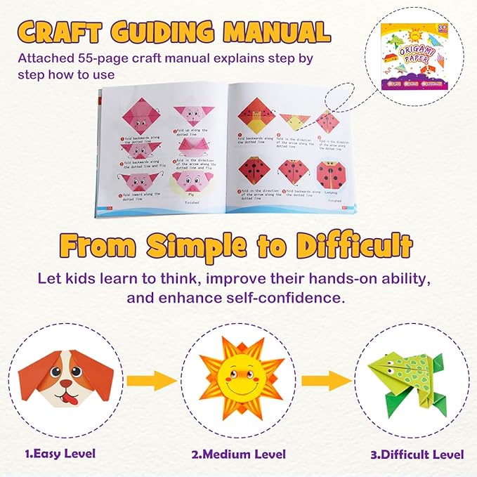 Pigipigi Kids Craft Origami Paper Kit for Kids Ages 5-8 8-12, with Guiding Book, 208 Sheets DIY Art and Crafts Supplies, Colorful Folding Papers Set Projects Gifts Activity for Boy Girl Toys(Cartoon)