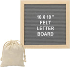 PATIKIL Felt Letter Board, 10x10Inches Gray Wooden Changeable Message Board with Storage Bag Stand for Kitchen Menu Classroom Farmhouse Decor Notes, White Bronze Letter