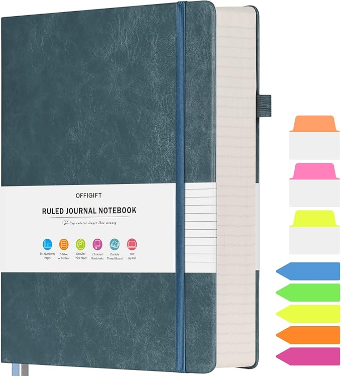 Lined Journal Notebook, Large A5 College Ruled Notebook, 312 Numbered Pages Work Notebook with Index Stickers, 100gsm Paper, Hardcover Vegan Leather Journal for Women Men School Office, Grey Blue