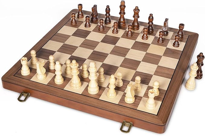 15" Wooden Chess Set with Magnetic Pieces - Extra Queens - Folding Chessboard Portable Travel Tournament Chess Board Games for Adults Kids