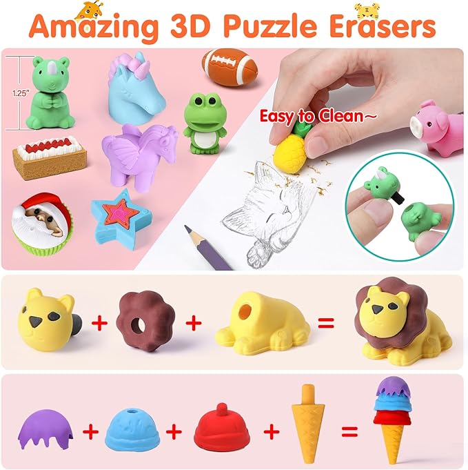 120 Pack Animal Pencil Erasers for Kids, 3D Mini Puzzle Take Apart Erasers, Desk Pets & Treasure Box Toys, Bulk Party Favors, Classroom Prizes, School Supplies, Gift for Boys & Girls
