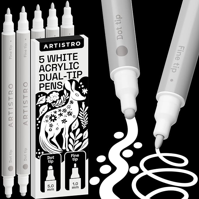 ARTISTRO 5 White Dual-Tip Acrylic Paint Pens for Rock, Ceramic, Glass, Wood, Fabric - White Markers for Acrylic Painting, 5mm Dot + 1mm Fine Tips