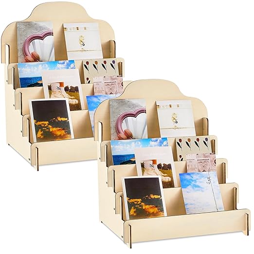 Barydat 2 Pcs 4 Tier Greeting Card Display Stand Wooden Sticker Display Stand Portable Card Display Rack for Vendors Retail Counter Table Display Trade Shows Showcase (Wood Color,11.8 Inch)