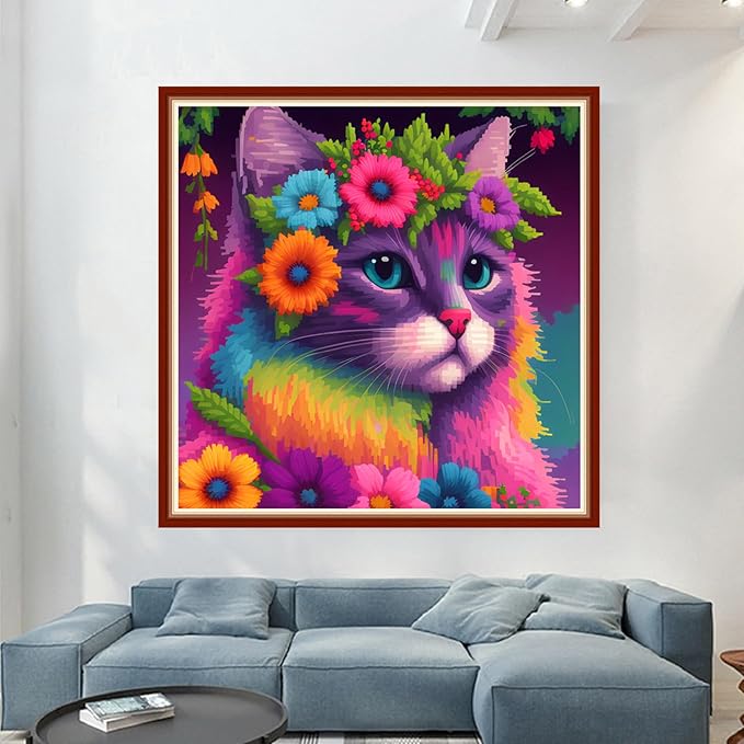 Dimensean Stamped Cross Stitch Kits Full Range of Embroidery Patterns Starter Kits for Beginners Adult or Kids DIY Cross Stitches Needlepoint Kits 11CT-Colorful Cat 17.7x17.7 inch