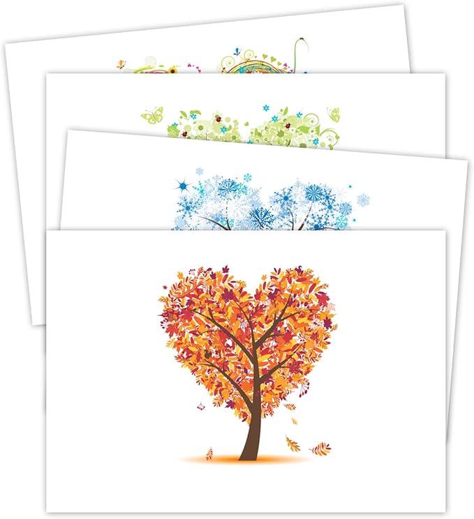 Seasons of Life Note Card Assortment Pack/Set Of 24 Greeting Cards And White Envelopes / 4 7/8" x 3 1/2" Cards Featuring 4 Seasonal Tree Designs