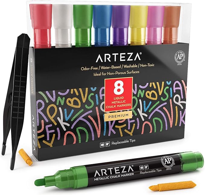 ARTEZA Liquid Chalk Markers, Set of 8, Metallic Colors, Erasable
